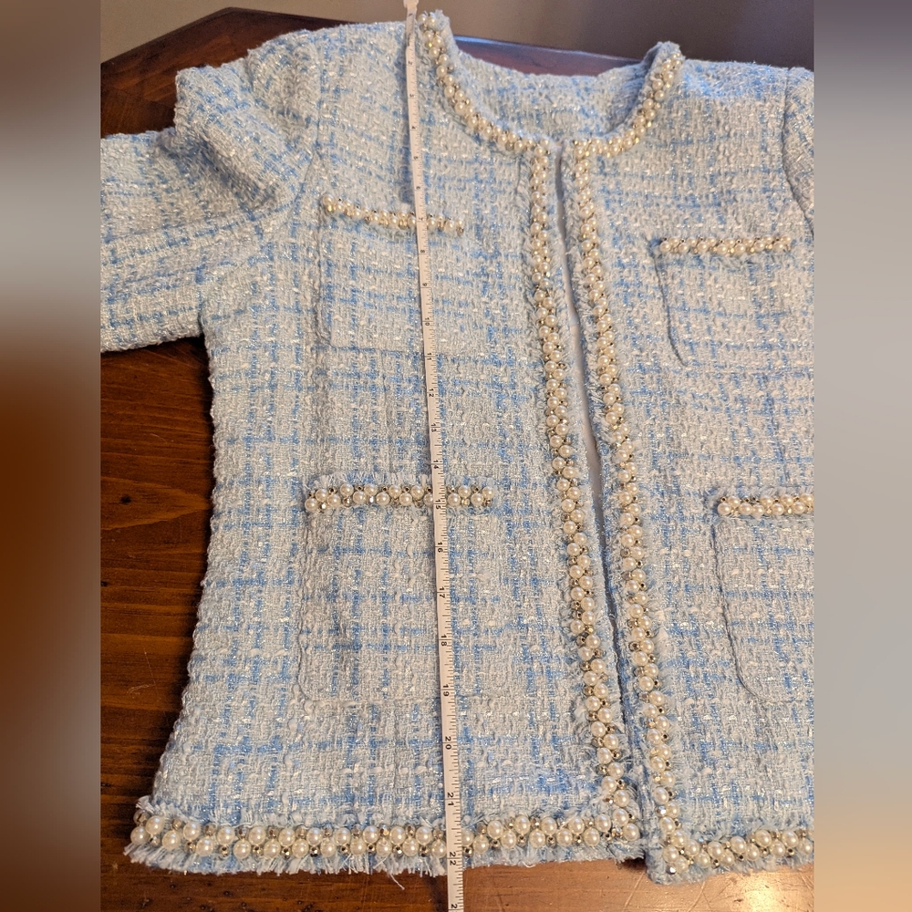 Pearl Embellished Ice BlueTweed Jacket NWOT Sz L Runs small See Pic Measurements - Picture 9 of 9